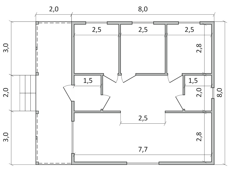 Одноэтажный дом 8х8 с террасой 2х8